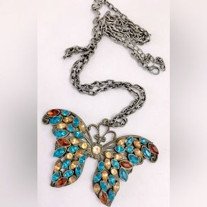 Amber Blue Brown Marquis Rhinestone Aged Bronze Tone Butterfly Necklace